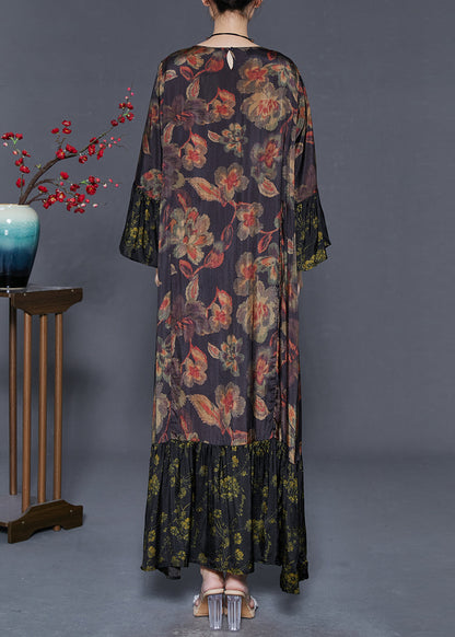 Black Oversized Patchwork Print Silk Maxi Dresses Flare Sleeve