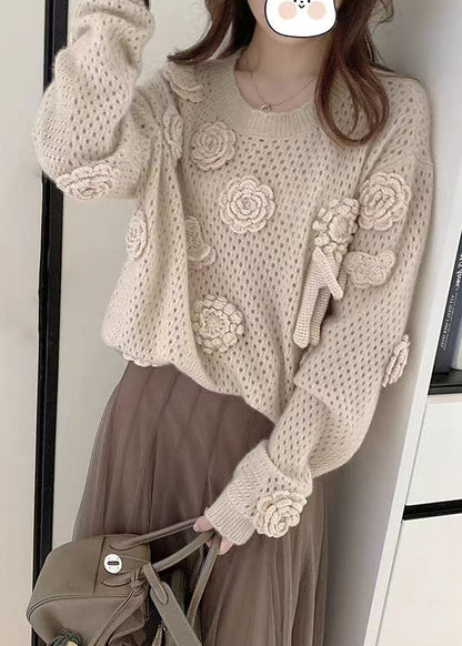 French Apricot O Neck Hollow Out Knit Sweaters Fall