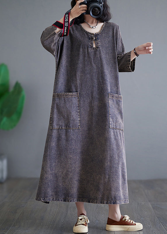 Patchwork Pockets Holiday Denim Long Dress Bracelet Sleeve