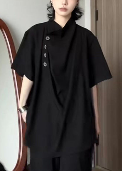 Unique Grey Stand Collar Asymmetrical Ice Silk Tops Short Sleeve