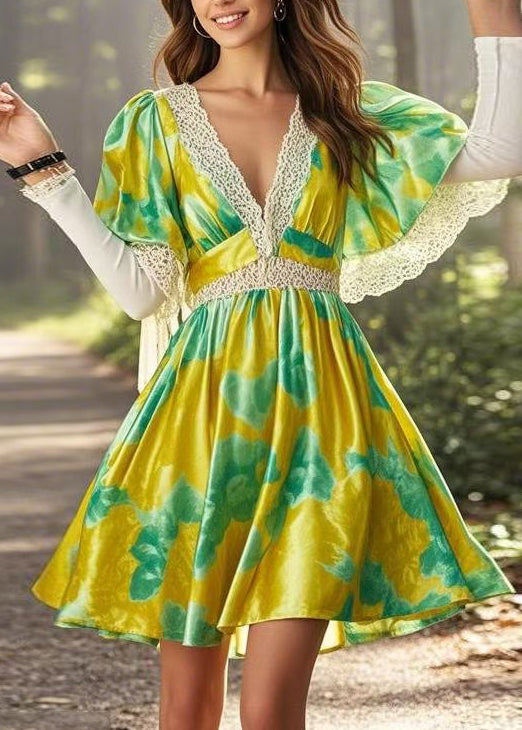 Yellow V Neck Print Lace Patchwork Silk Mid Dress Cloak Sleeves