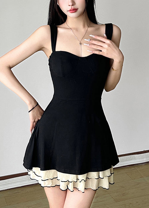 New Black Tulle Patchwork Cotton Spaghetti Strap Dresses Sleeveless