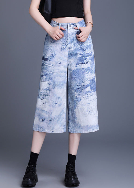 Blue Pockets Tie Dye Denim Crop Pants Summer