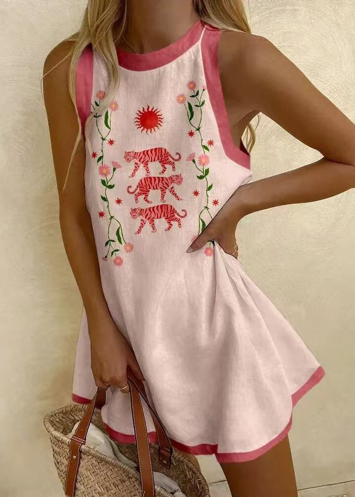 White O Neck Print Patchwork Cotton Mini Dresses Sleeveless
