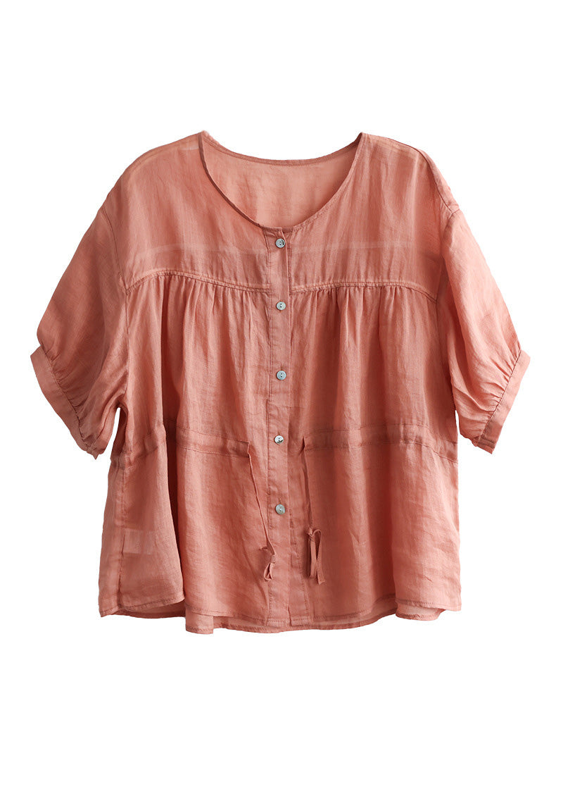 Green O-neck Patchwork Wrinkled Tie Waist Ramie Shirt Short Sleeve