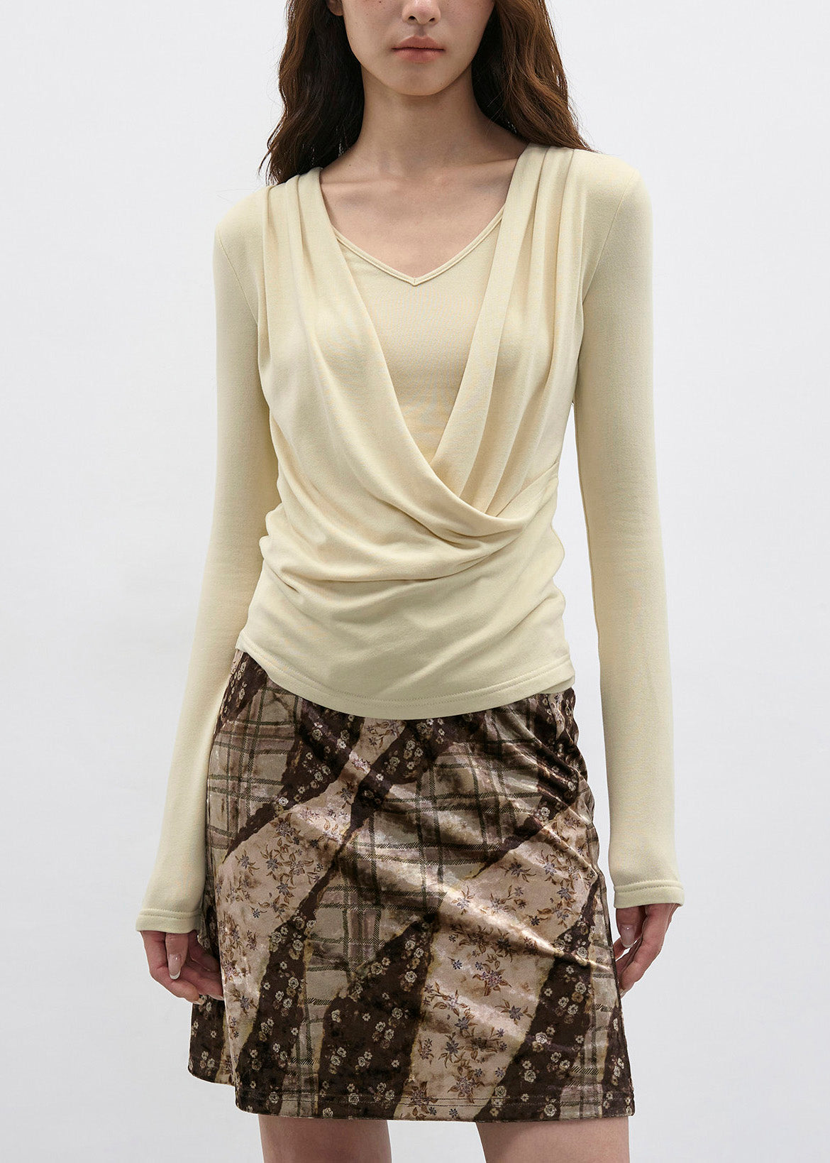 French Light Yellow Draped Neckline Fake Two Long Sleeved T-shirt Top