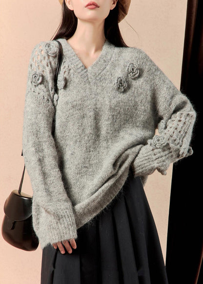 Grey V Neck Hollow Out Knit Sweater Winter