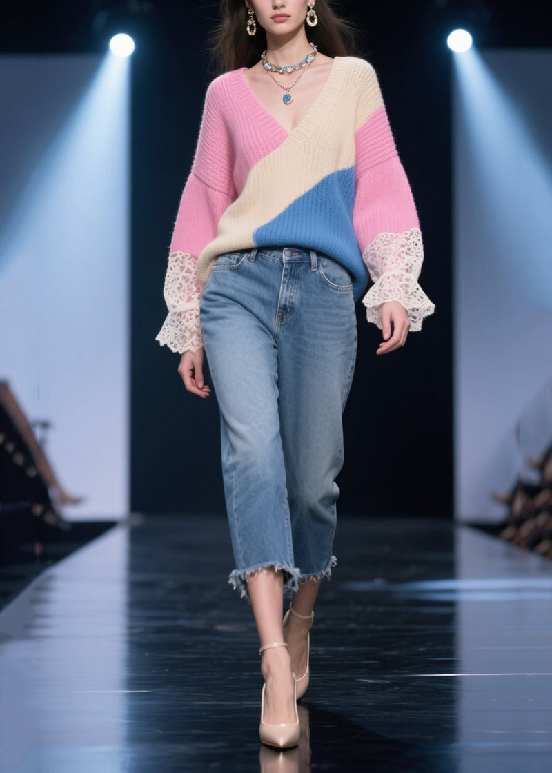 Diy Rose Asymmetrical Patchwork Lace Knit Tops Winter