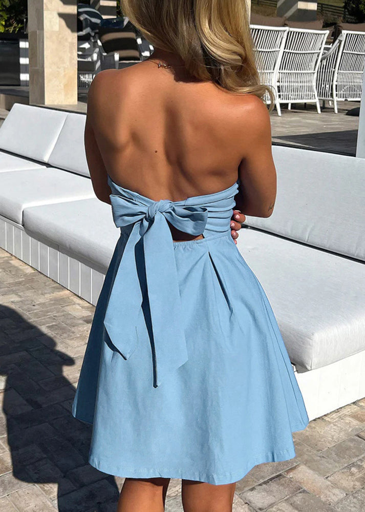 Slim Fit Blue Strapless Cotton Mini Dresses Sleeveless