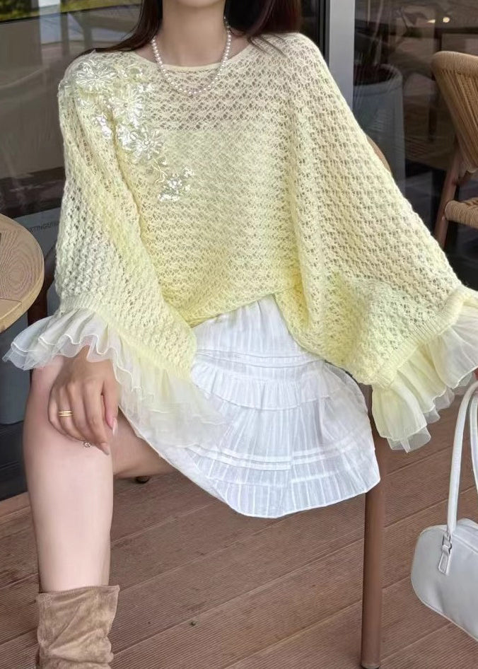 White Hollow Out Patchwork Knit Sweater Fall