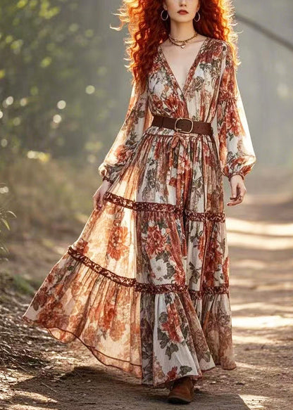 Brick Red Cinched Print Cotton Holiday Dress Spring