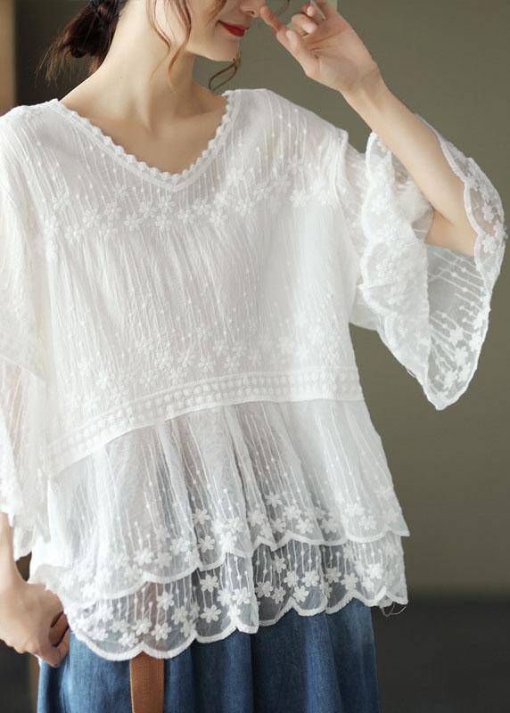 Loose Khaki O-neck Embroidered Patchwork Summer Shirts Half Sleeve