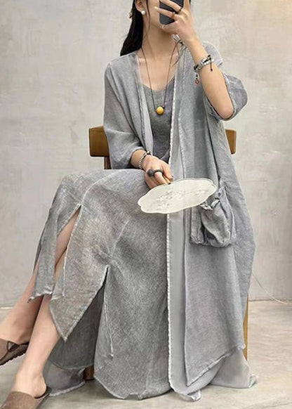 Grey Pockets Patchwork Cotton Long Cardigan Summer