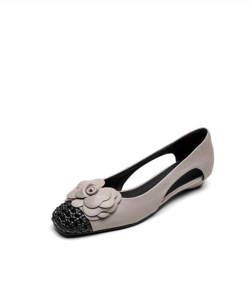 Grey Flat Shoes for Cowhide Leather Soft Splicing