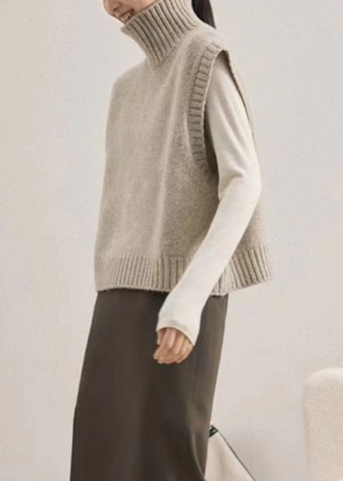Camel Turtleneck Patchwork Knit Waistcoat Sleeveless