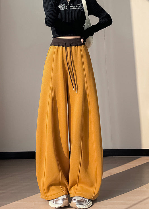 Yellow Elastic Waist Patchwork Warm Fleece Pants Winter