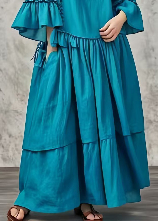 Peacock Blue Oversized Patchwork Cotton Maxi Dresses Fall