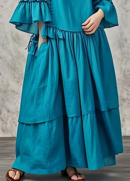 Peacock Blue Oversized Patchwork Cotton Maxi Dresses Fall