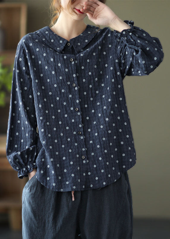 Grey Button Ruffled Dot Fall Shirt Tops Long Sleeve