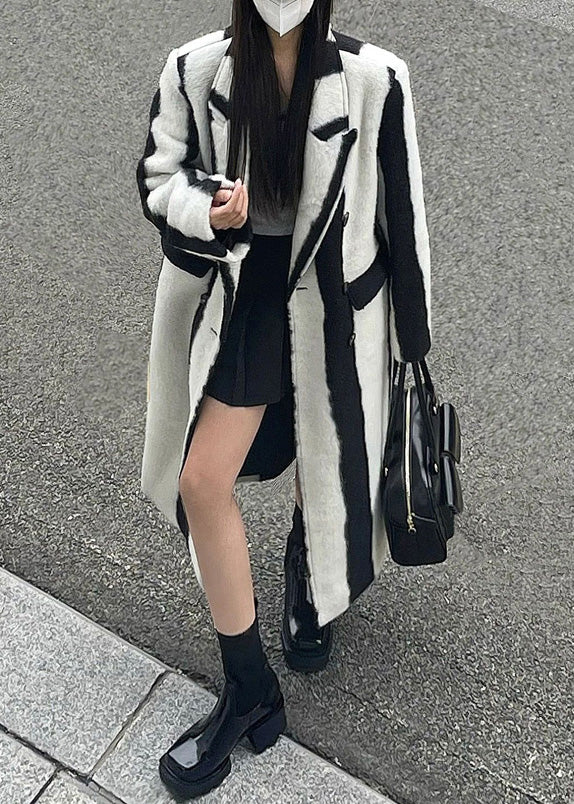 Black White Striped Notched Button Woolen Maxi Coats Winter