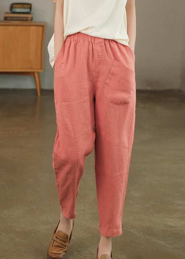 Loose Pink Pockets Linen Crop Pants Summer
