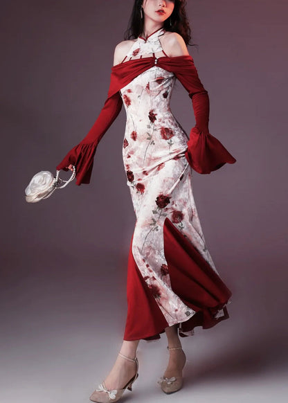 Red Print Patchwork Silk Velvet Fishtail Dresses Flare Sleeve