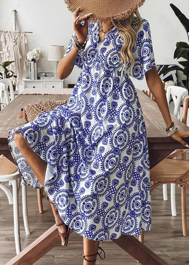 Blue V Neck Print Cotton Vacation Dresses Summer