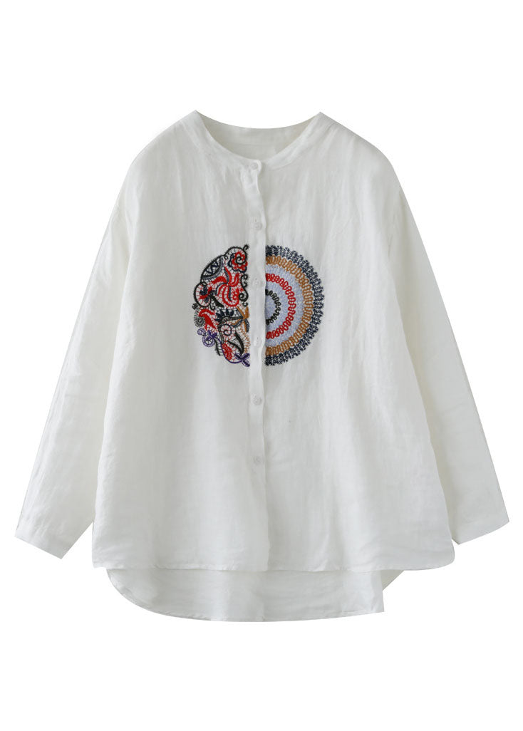 Loose White Embroidered Patchwork Linen Shirts Spring