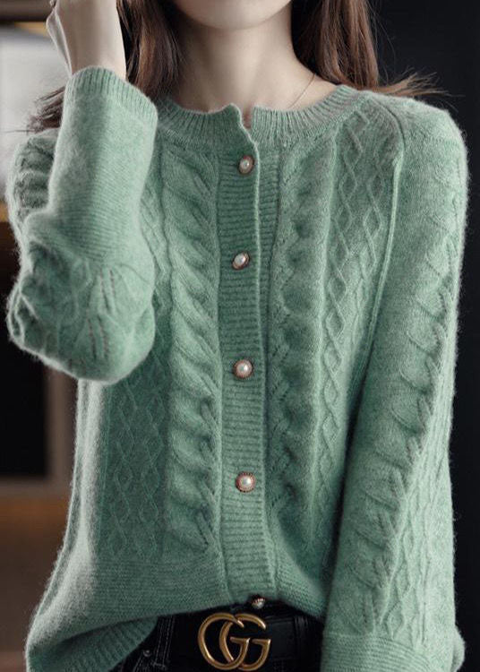 Green Warm Wool Cable Knit Cardigans O-neck Pearl Button Winter