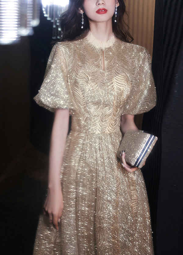Gold Ruffled Nail Bead Long Dresses Puff Sleeve