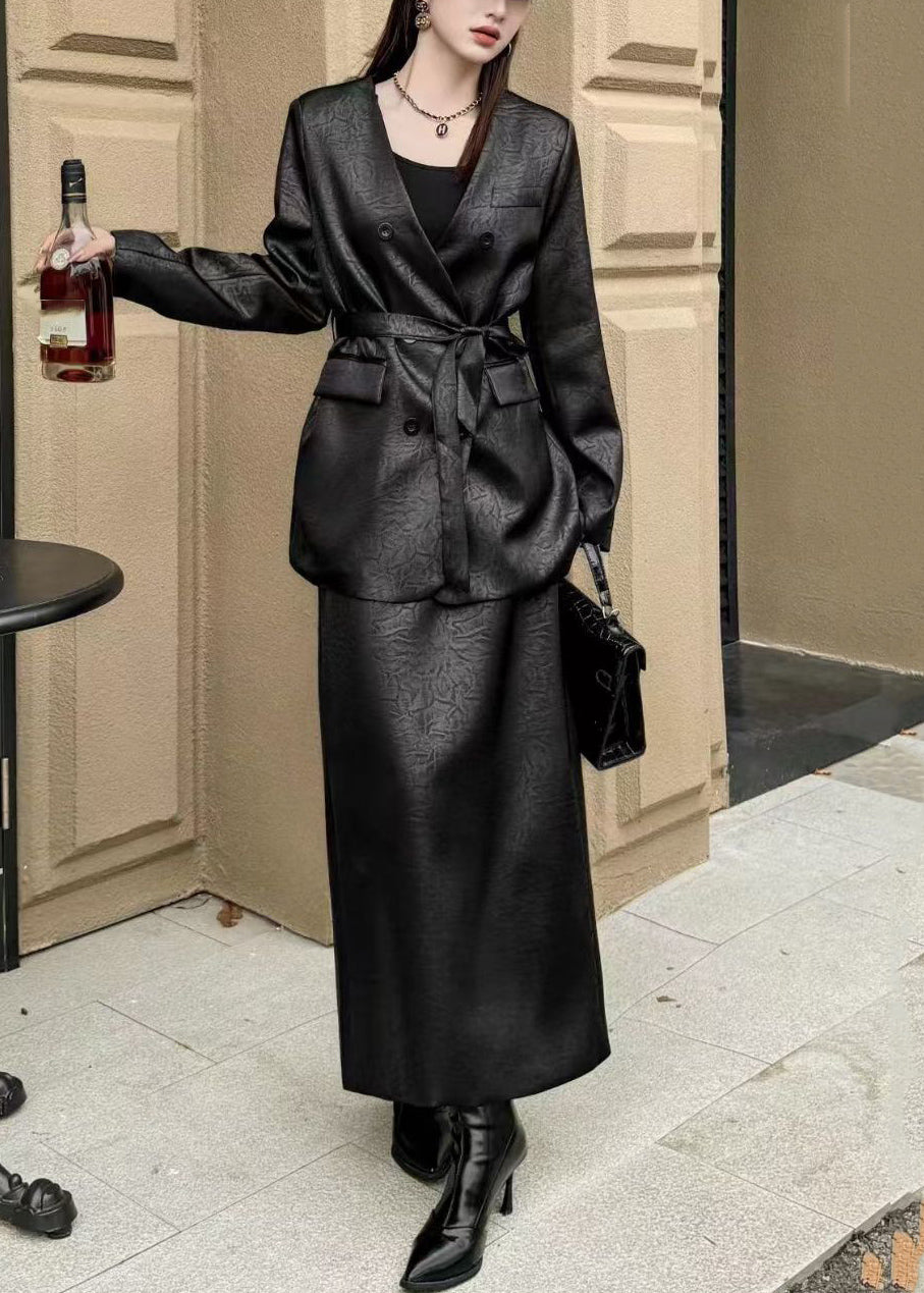 Black Notched Tie Waist Satin Coats and Maxi Skirts Two Pieces Set Spring
