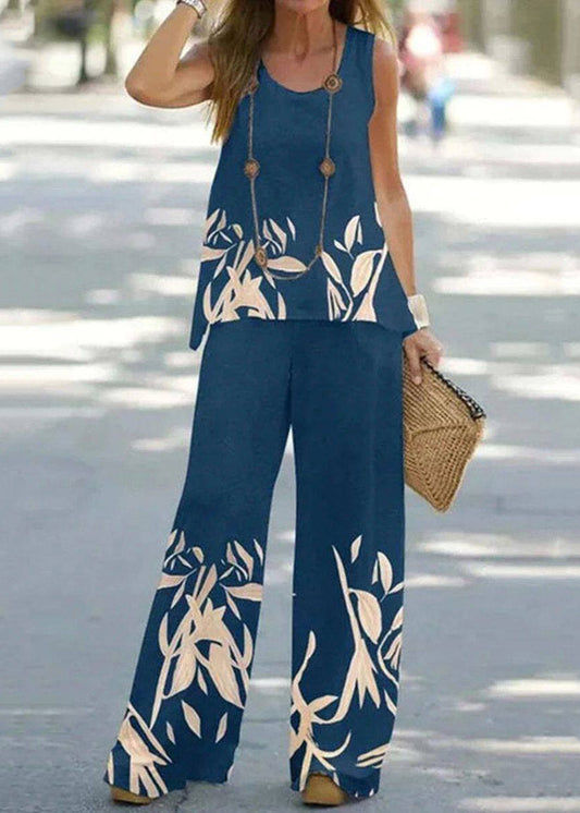 Blue U Neck Print Vest and Wide Leg Pants Two Pieces Set Summer