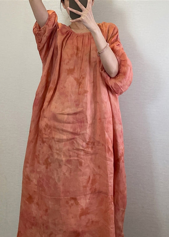 Boutique Orange O-neck Print Maxi Dresses Long Sleeve