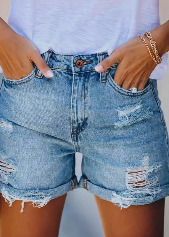 Stylish Blue Pockets Denim Ripped Shorts Summer
