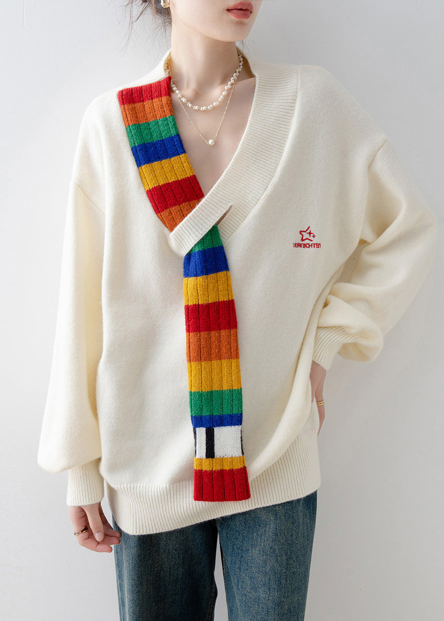 Beige V Neck Patchwork Knitted Sweaters Tops Spring