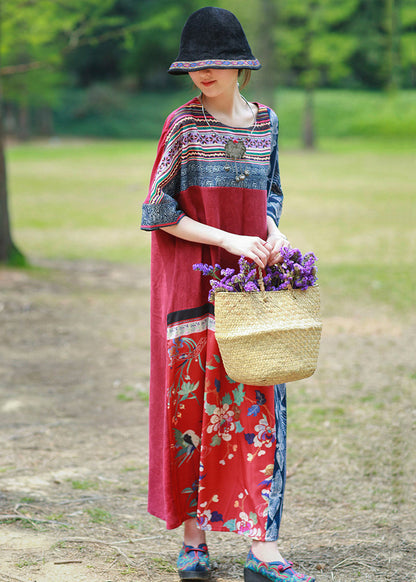 Loose Red Print Pockets Patchwork Cotton Maxi Dresses Half Sleeve