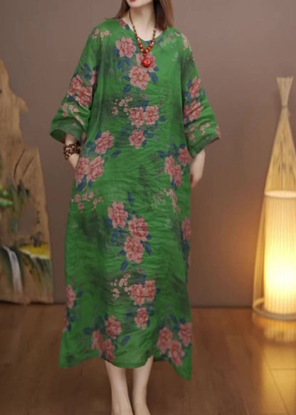 Green O-neck Print Long Dress Fall