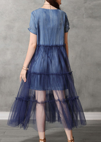 Classy Blue O-neck Embroidered Tulle Patchwork Long Denim Dresses Short Sleeve