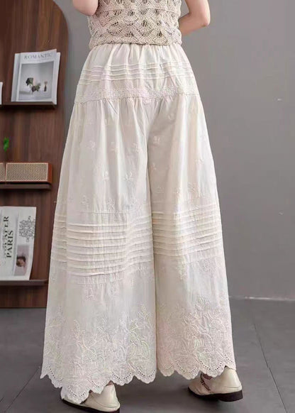 Beige Embroidered Wrinkled Cotton Pants Summer