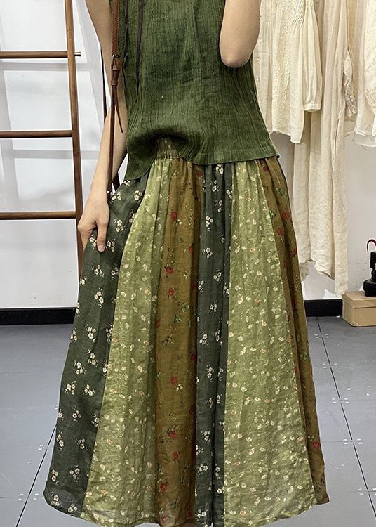 Diy Green Print Wrinkled Elastic Waist Linen Skirt Spring
