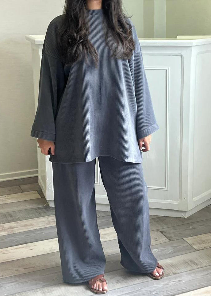 Simple Beige O Neck Tops and Pants Corduroy Two Piece Suit Set Fall