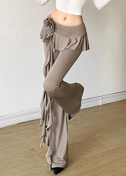 Stylish Khaki Flower Ribbon Patchwork Straight Leg Pants Summer