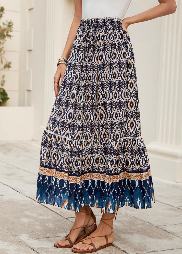 Navy Print Elastic Waist Skirts Summer