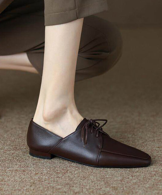 Grey Sheepskin Lace Up Splicing Square Toe Flat Shoes