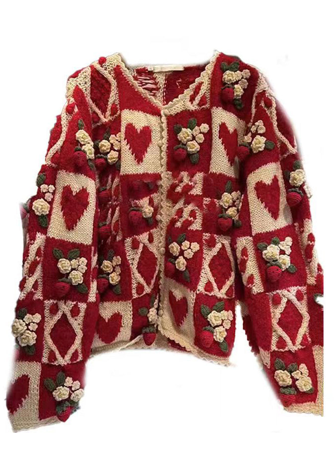 Red O Neck Button Patchwork Knit Cardigan Long Sleeve