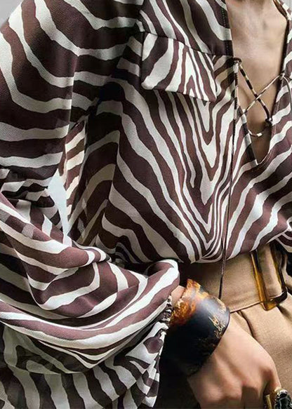 Striped Printed Long Sleeved Lace Up Shirt