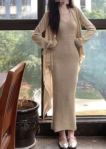 Apricot O-neck Halter Tunic Knit Cardigans and Long Dress Two Piece Set Fall