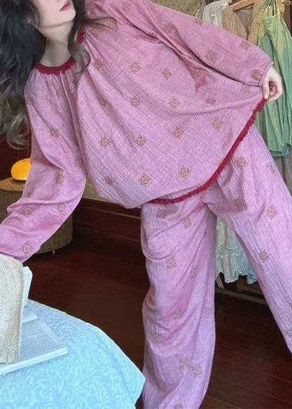 Loose Purple O Neck Print T Shirt and Pants Cotton Pajamas Two Piece Set Fall