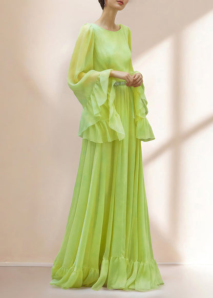 Green Ruffled Patchwork Silk Dresses Spring
