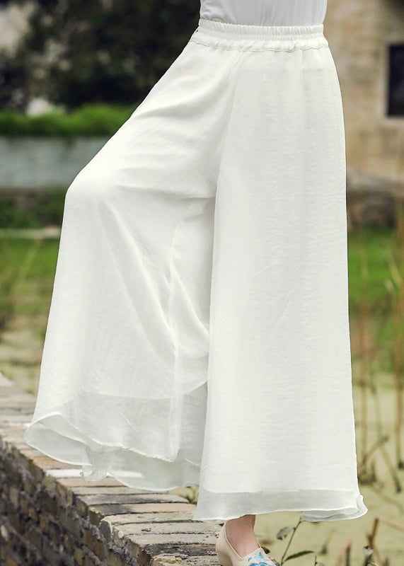 White Elastic Waist Silk Wide Leg Pants Fall